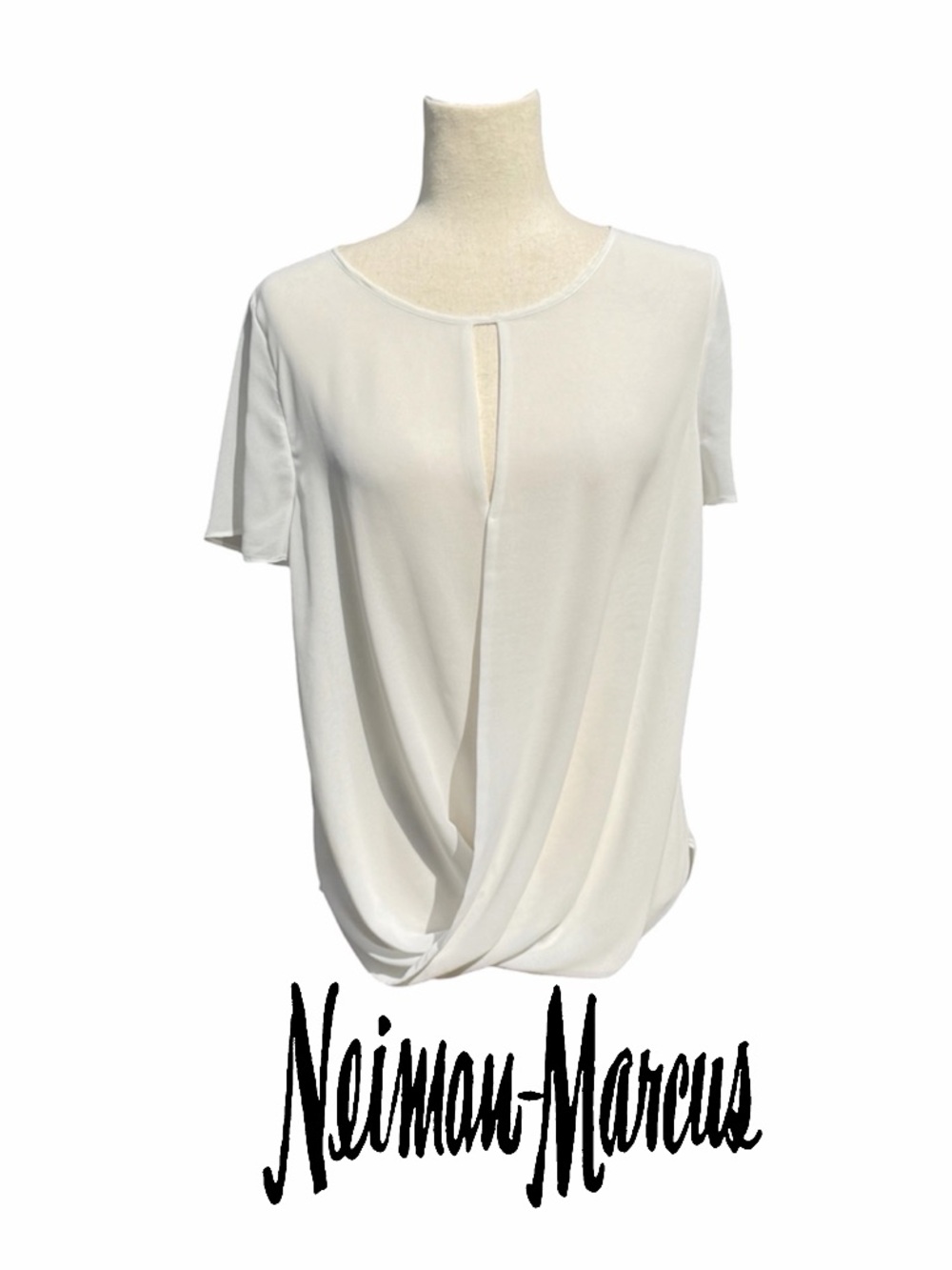 Neiman Marcus White Ivory Draped Front keyhole Short-Sleeve Top Blouse L